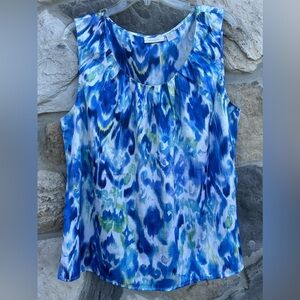 Chicos Blouse Top Sz 3 (XL) Sleeveless Satin Blue Printed Beachy Coastal Spring